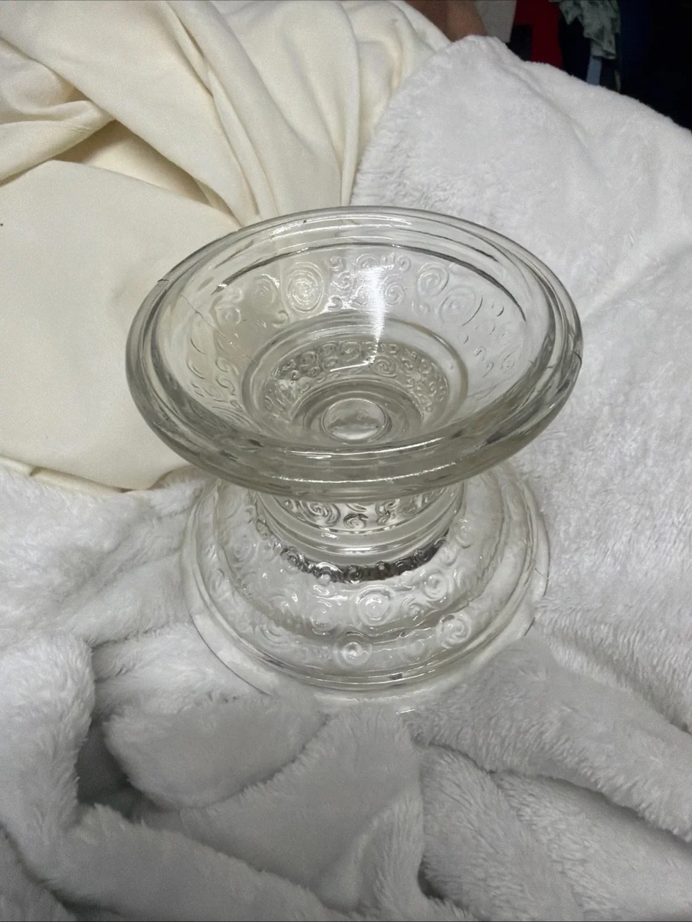 Clear Glass Pillar Candle Holder with White Taper Candle Vtg swirl